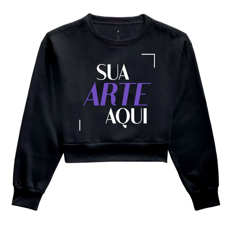 Moletom Cropped 7TREE, preto, fundo branco, mostrando a amplitude do corte.
