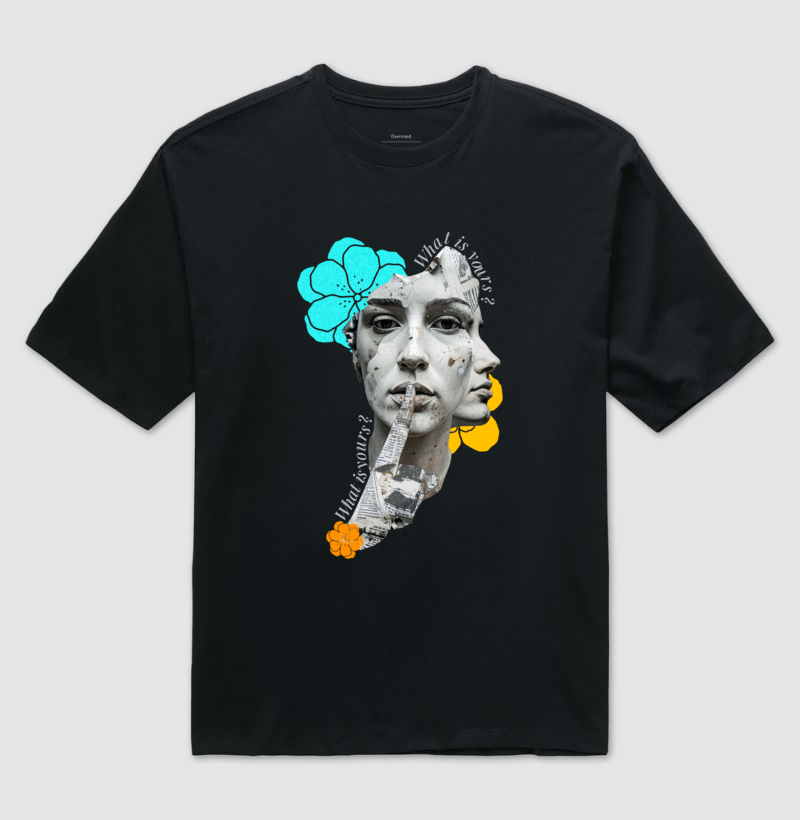 Camiseta Oversized 7TREE preta fundo branco, mostrando a amplitude do corte.